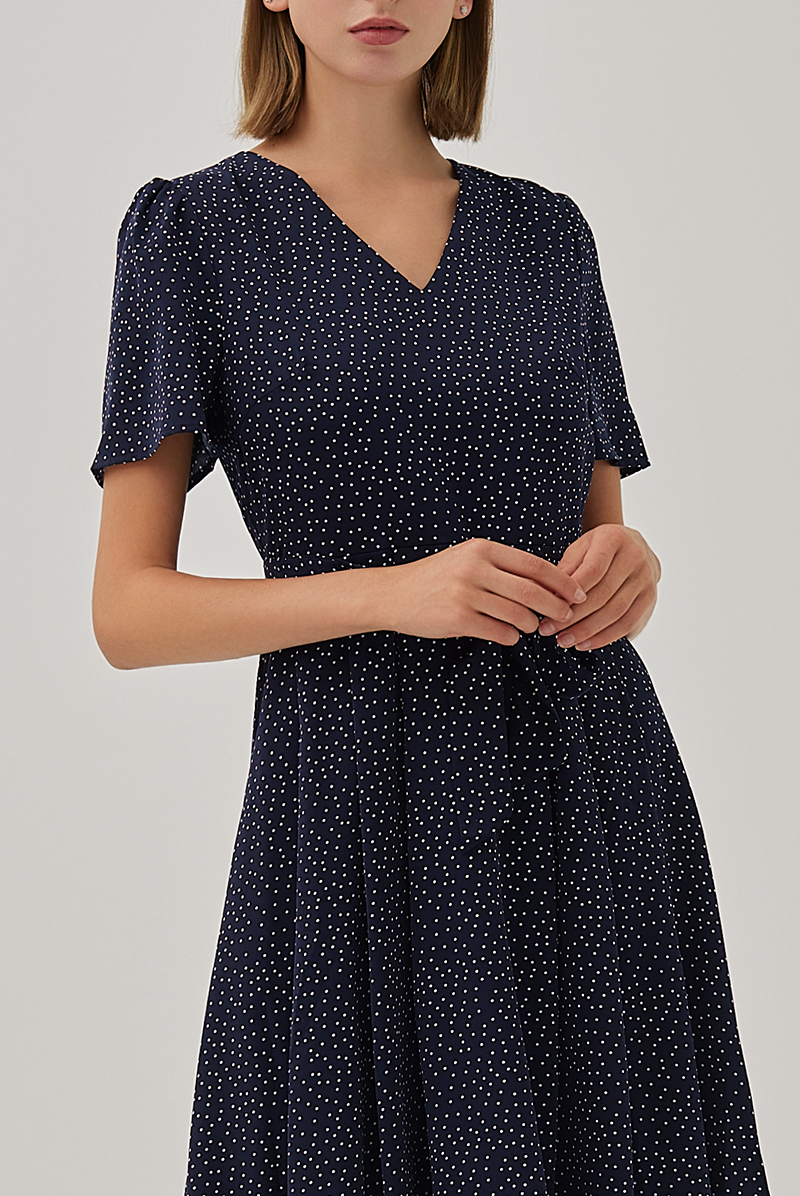 Jill Polka Dot Skater Dress in Navy Blue