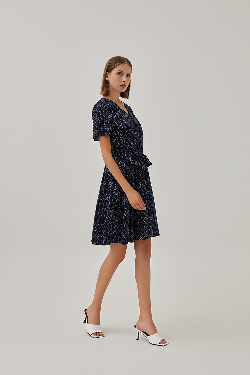 Jill Polka Dot Skater Dress in Navy Blue