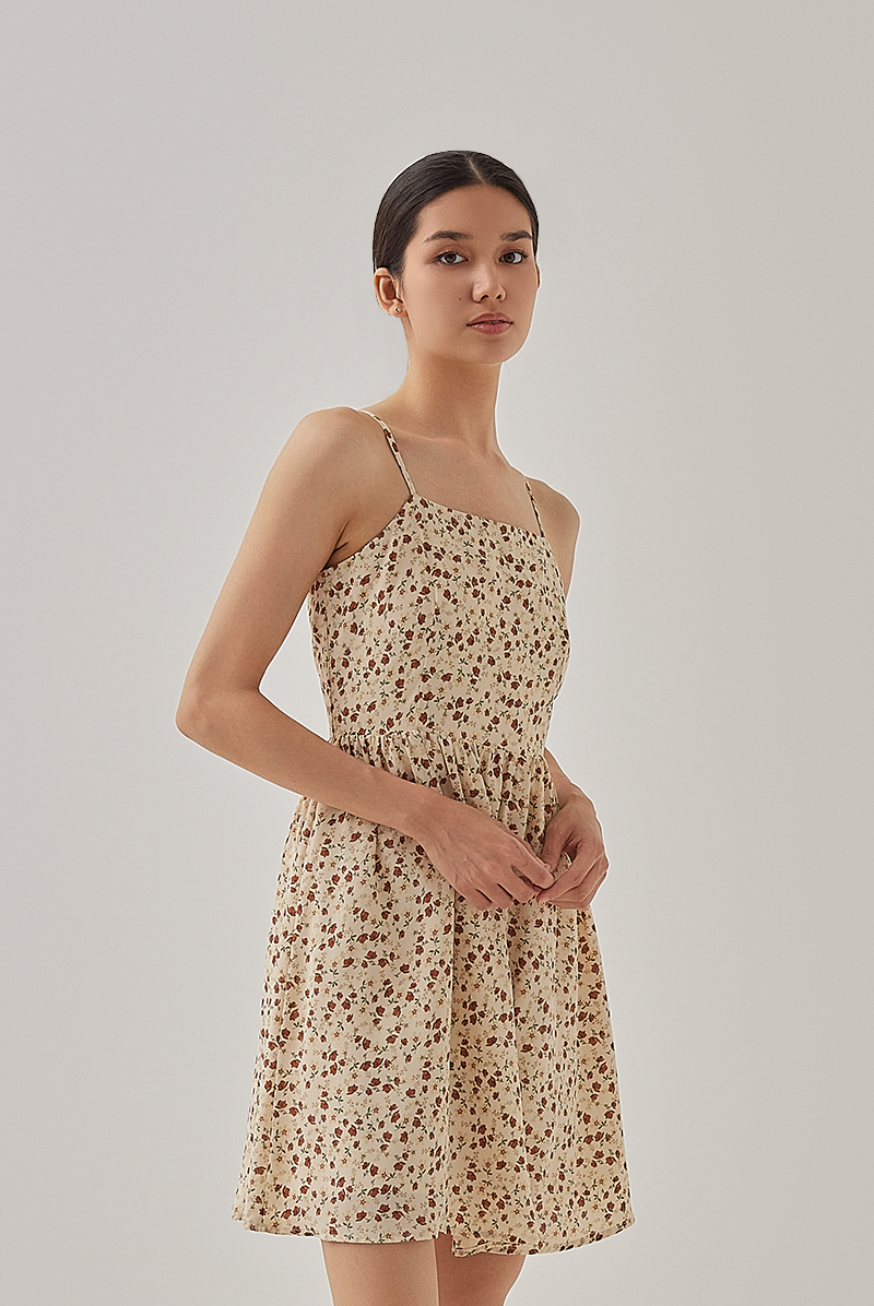 Sophie Smocked Floral Babydoll Dress in Banana