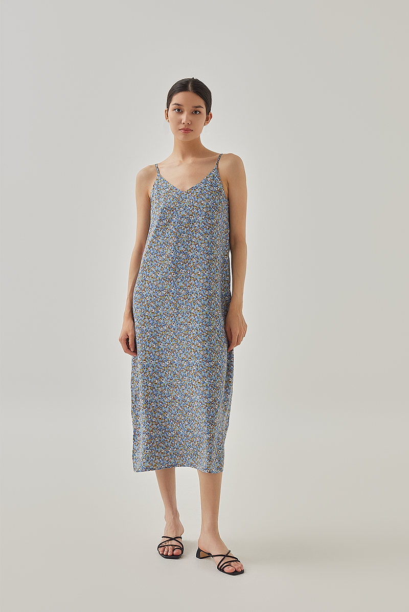 Kara Floral Slip Dress in Dusty Blue