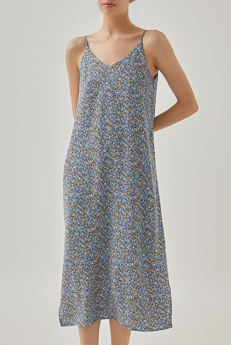 Kara Floral Slip Dress in Dusty Blue