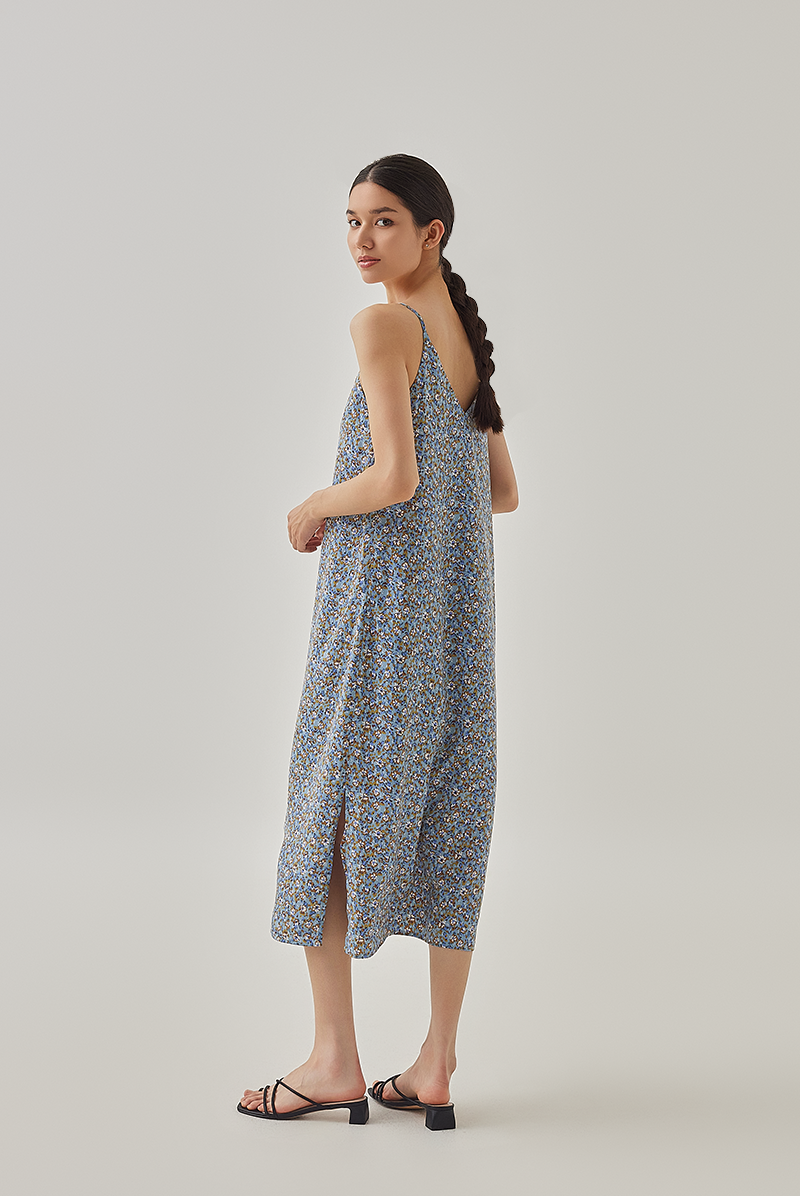 Kara Floral Slip Dress in Dusty Blue