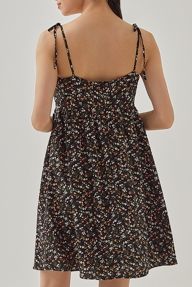 Ivy Floral Padded Babydoll Dress in Black