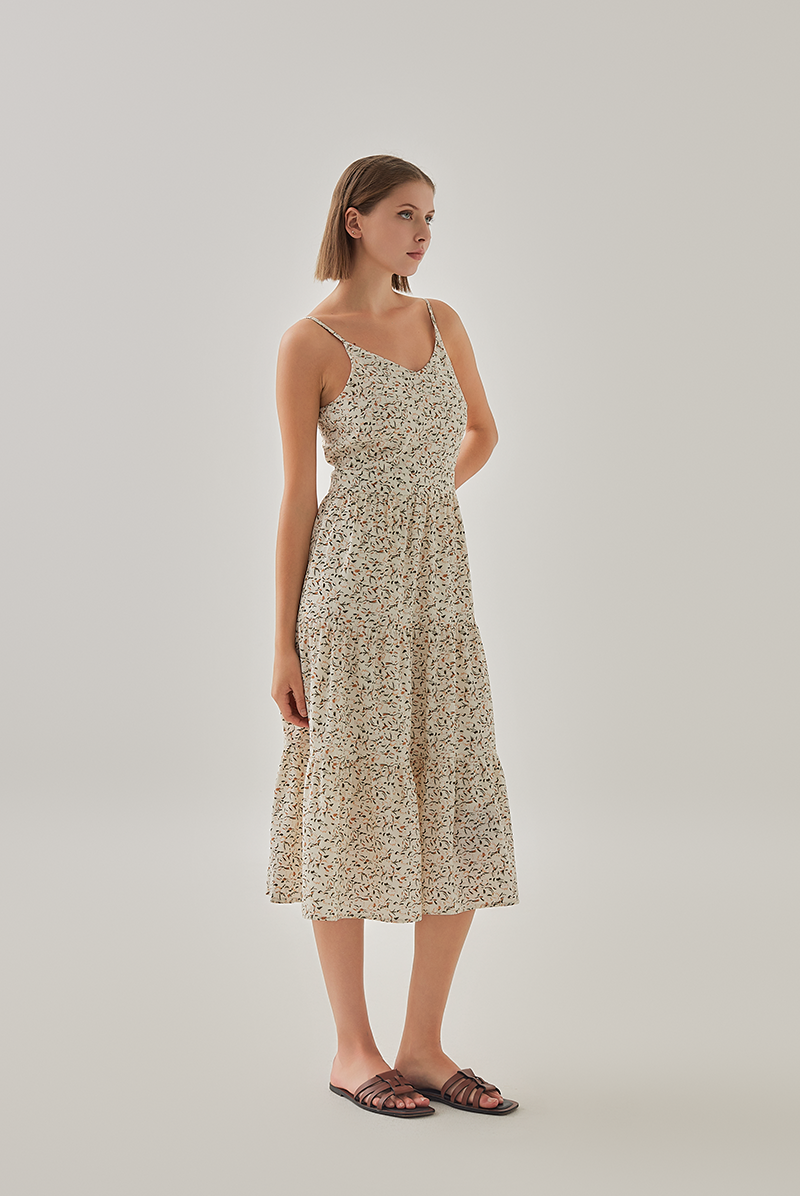 Harlow Floral Tiered Midi Dress in Cream