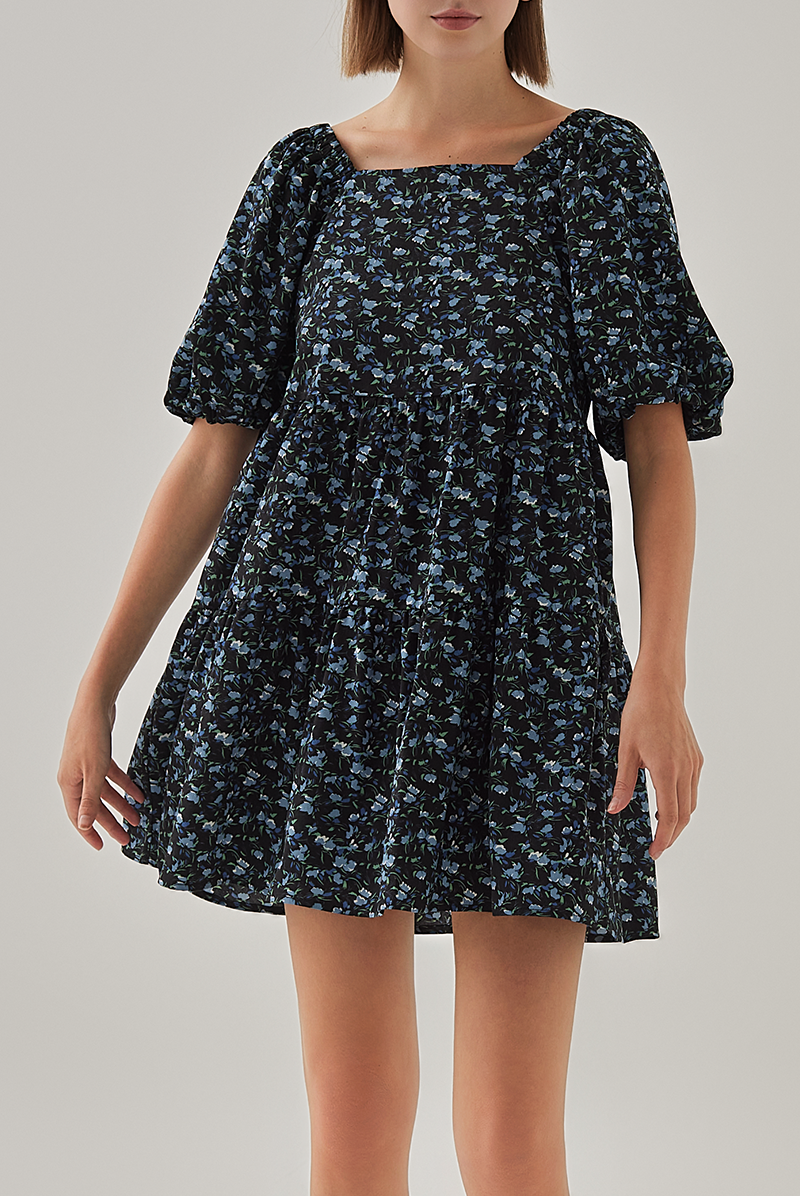Delanie Babydoll Floral Tiered Dress in Navy Blue