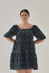 Delanie Babydoll Floral Tiered Dress in Navy Blue