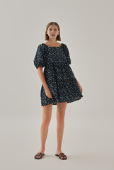 Delanie Babydoll Floral Tiered Dress in Navy Blue