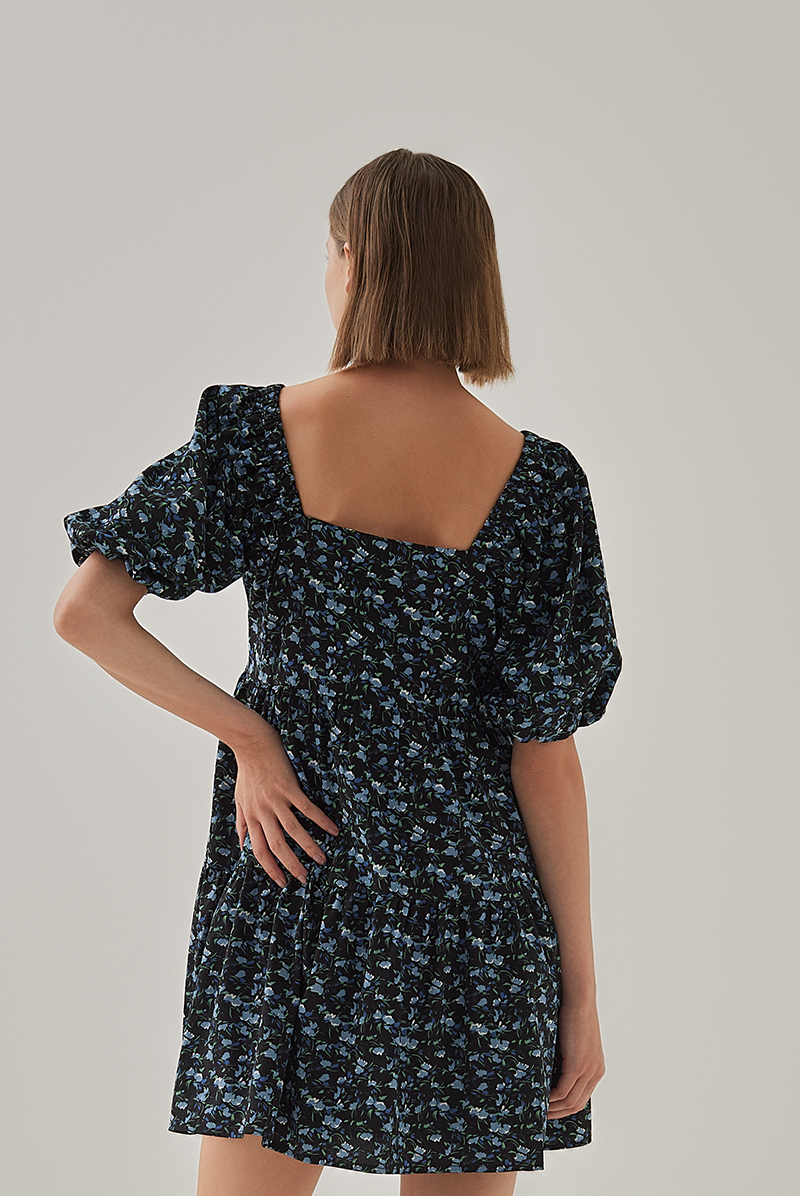 Delanie Babydoll Floral Tiered Dress in Navy Blue
