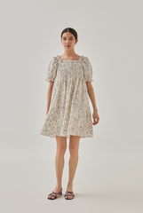 Niana Smocked Floral Babydoll Dress in Rice
