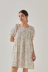 Niana Smocked Floral Babydoll Dress in Rice