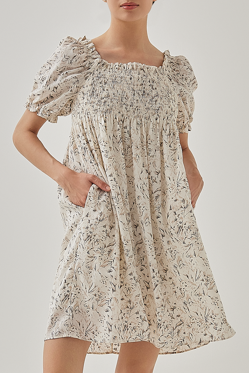 Niana Smocked Floral Babydoll Dress in Rice
