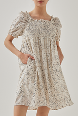 Niana Smocked Floral Babydoll Dress in Rice