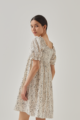 Niana Smocked Floral Babydoll Dress in Rice