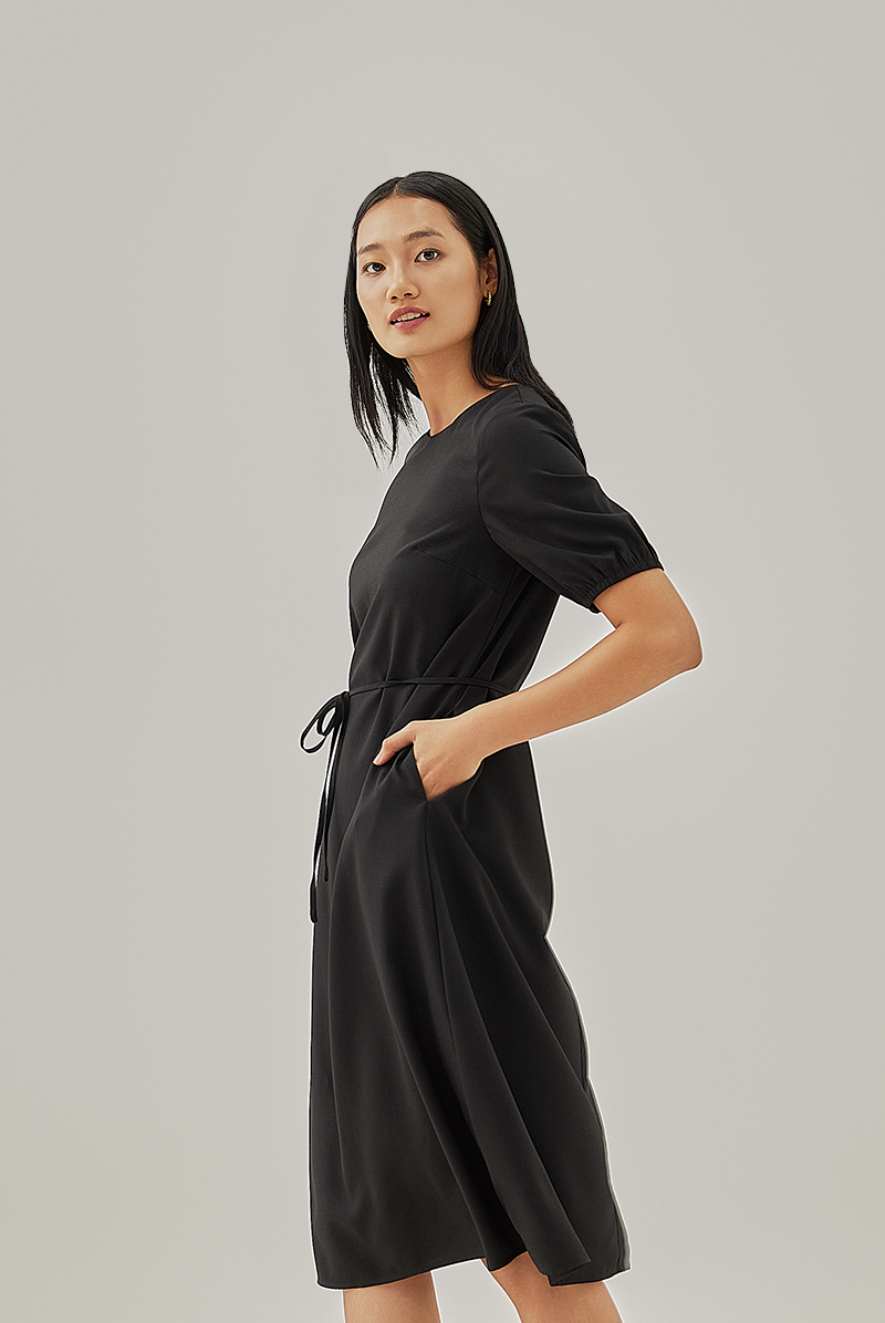 Korra Ribbon Tie Dress in Black