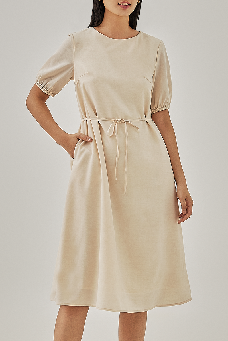Korra Ribbon Tie Dress in Oat