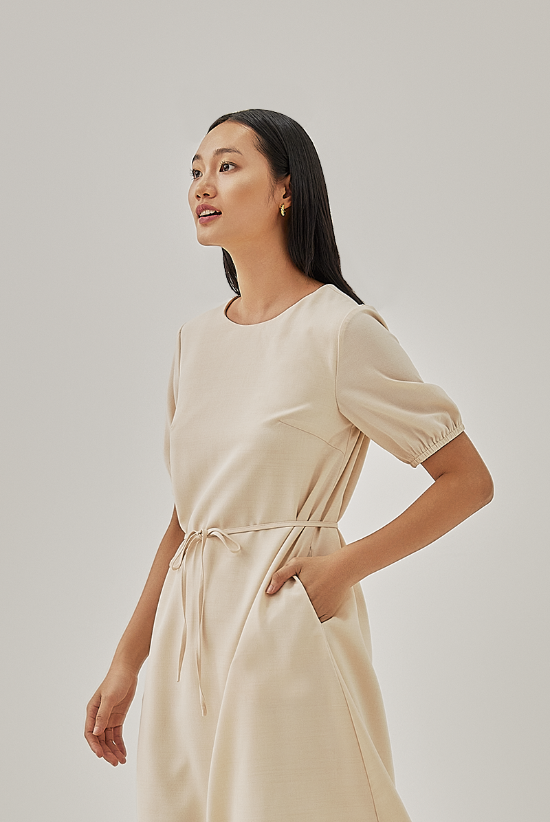 Korra Ribbon Tie Dress in Oat