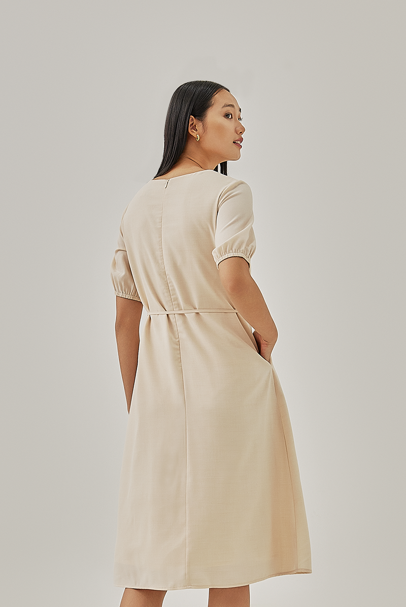 Korra Ribbon Tie Dress in Oat