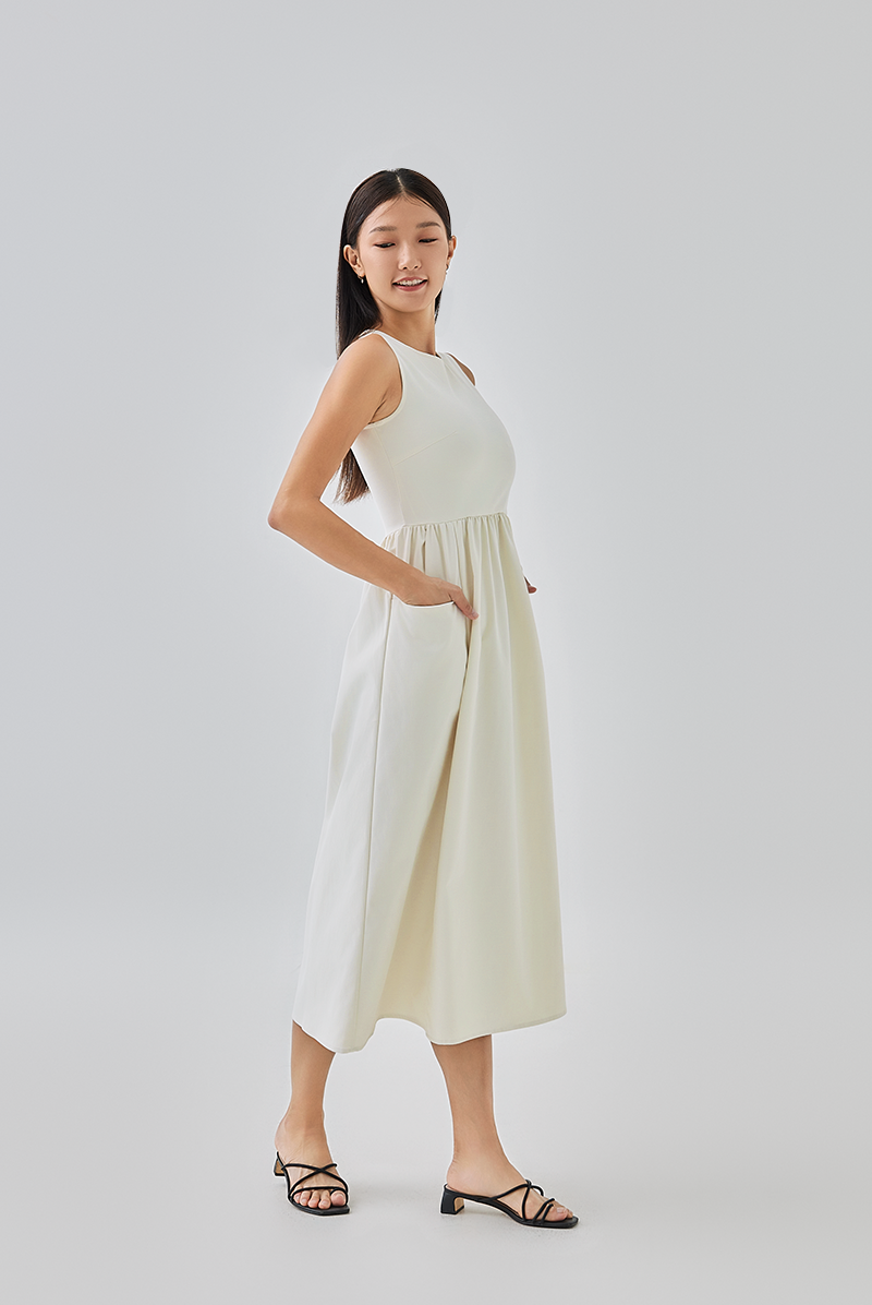 Polly A-line Midi Dress in Rice