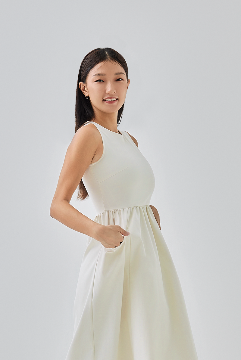 Polly A-line Midi Dress in Rice