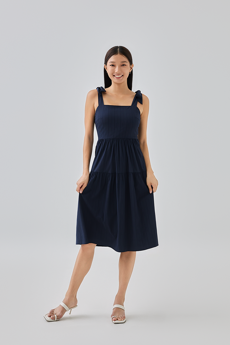 Averie Tri-Tiered Midi Dress in Navy Blue