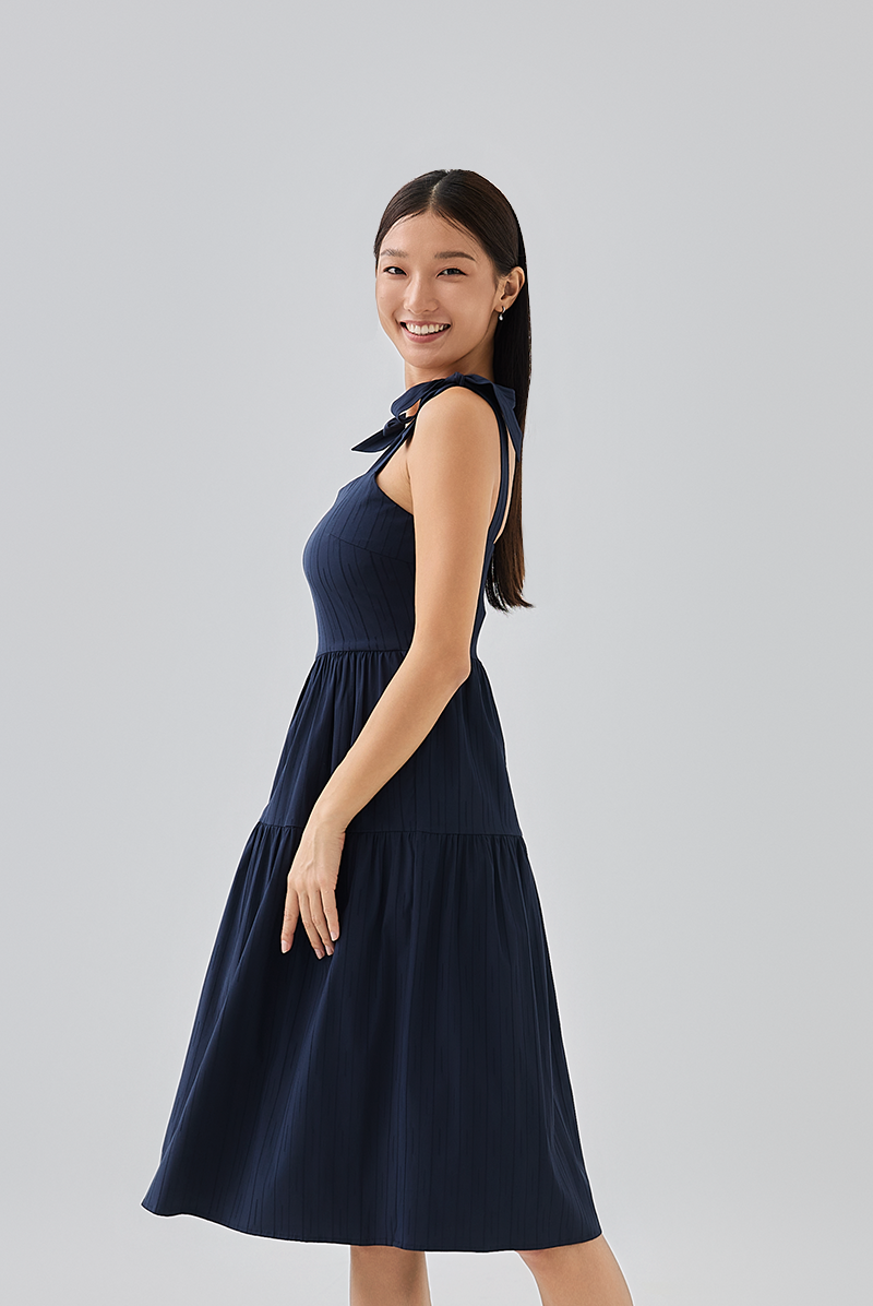 Averie Tri-Tiered Midi Dress in Navy Blue