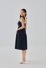Averie Tri-Tiered Midi Dress in Navy Blue