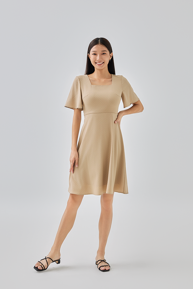 Linda Flared Sleeves Dress in Khaki