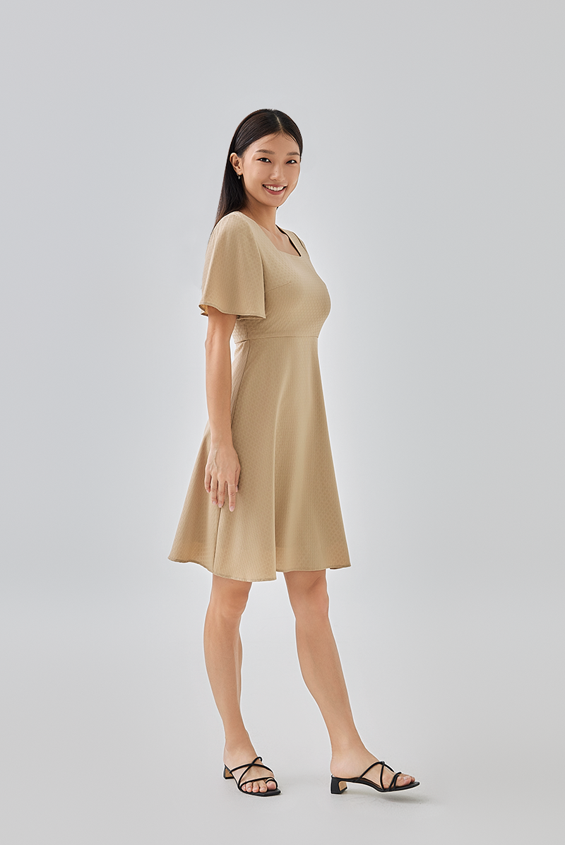 Linda Flared Sleeves Dress in Khaki