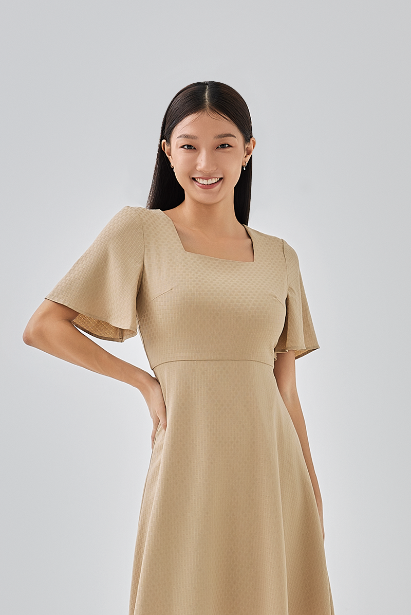 Linda Flared Sleeves Dress in Khaki
