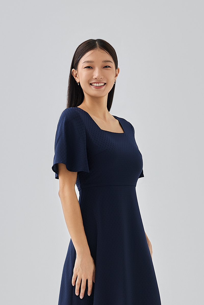 Linda Flared Sleeves Dress in Navy Blue