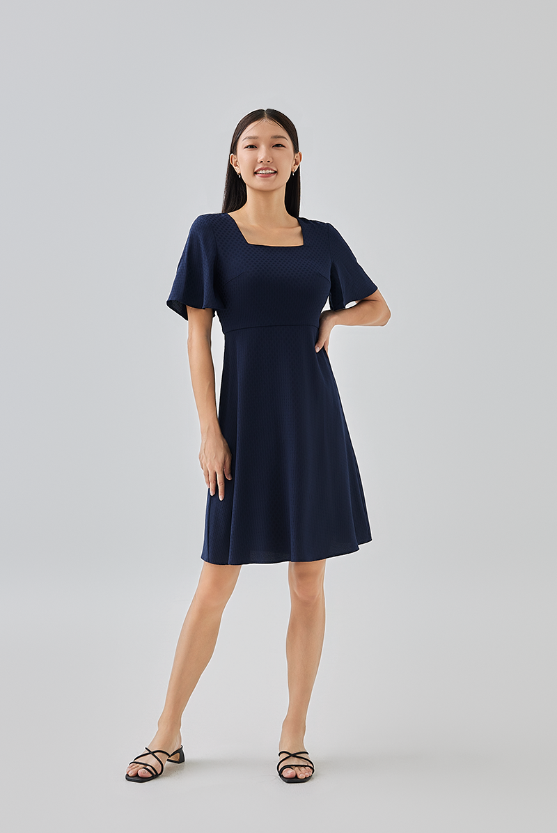 Linda Flared Sleeves Dress in Navy Blue