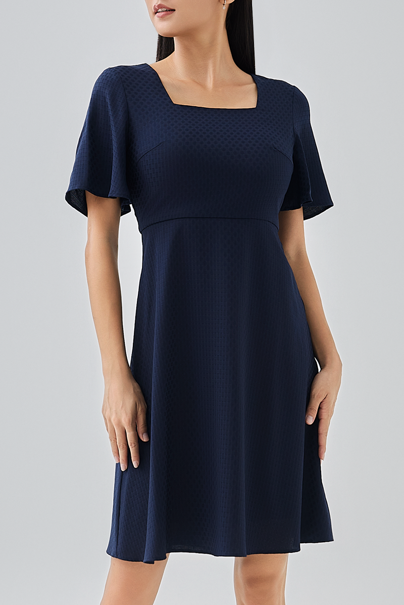 Linda Flared Sleeves Dress in Navy Blue