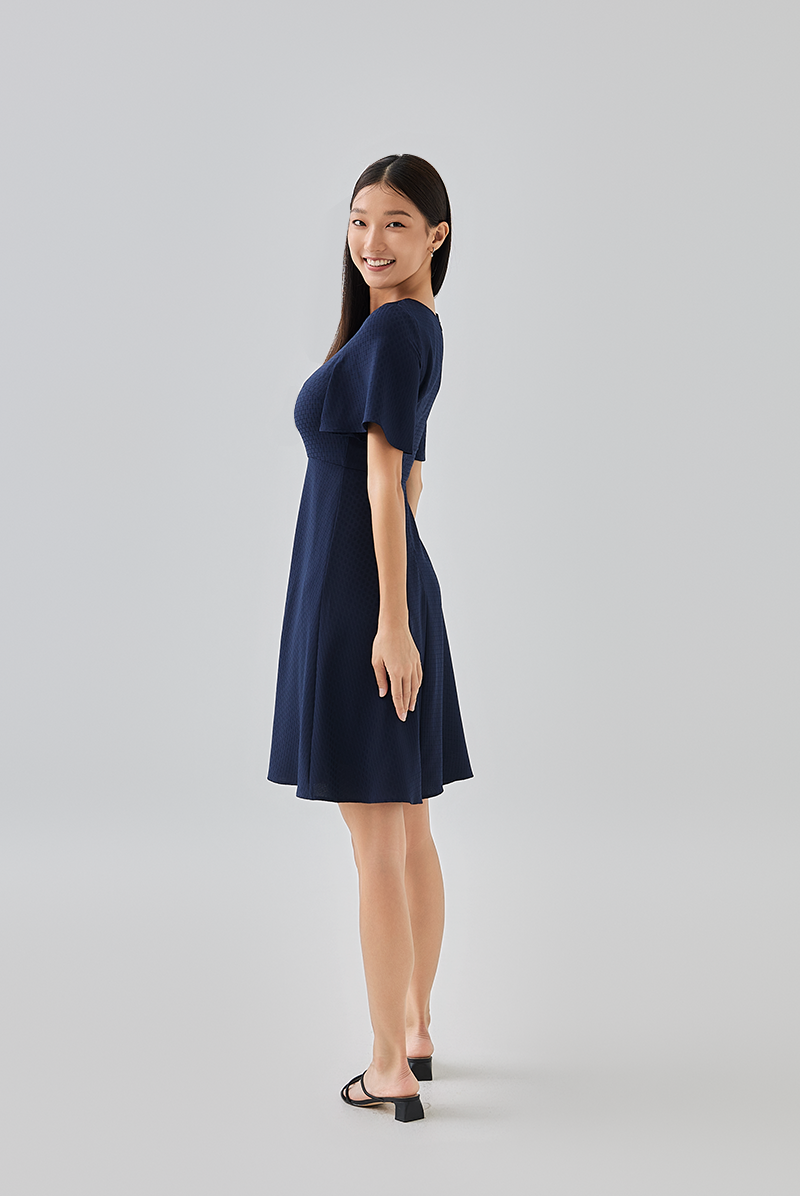 Linda Flared Sleeves Dress in Navy Blue