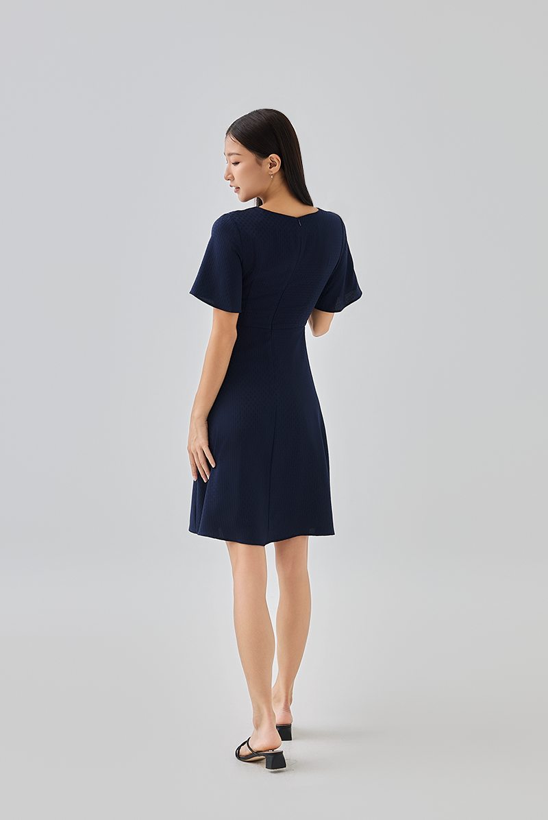 Linda Flared Sleeves Dress in Navy Blue