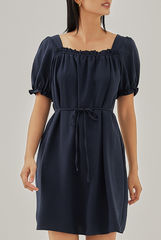 Joie Elasticated Puff Sleeves Dress in Dark Blue