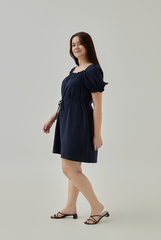 Joie Elasticated Puff Sleeves Dress in Dark Blue XL