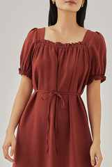 Joie Elasticated Puff Sleeves Dress in Rust