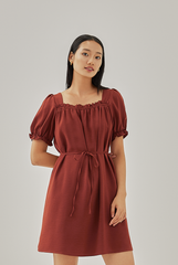 Joie Elasticated Puff Sleeves Dress in Rust