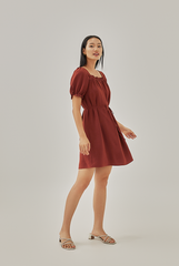 Joie Elasticated Puff Sleeves Dress in Rust