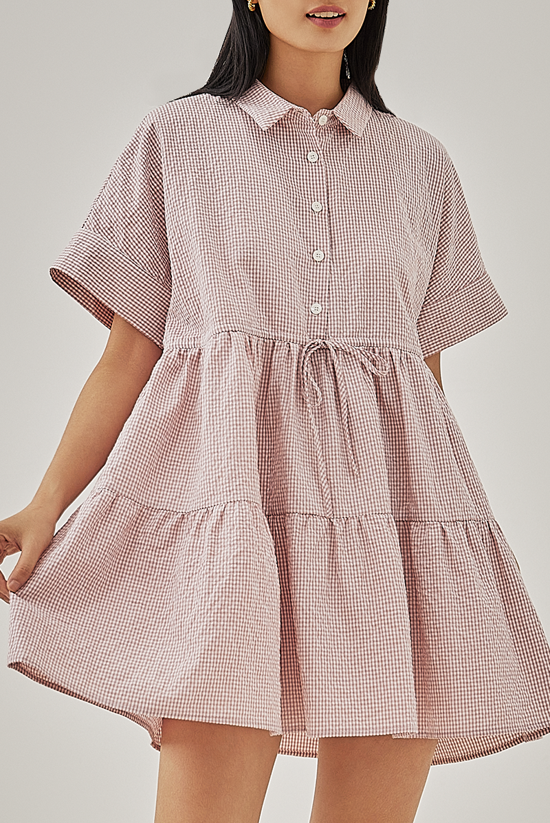 Vehena Gingham Drawstring Shirt Dress in Dusty Pink