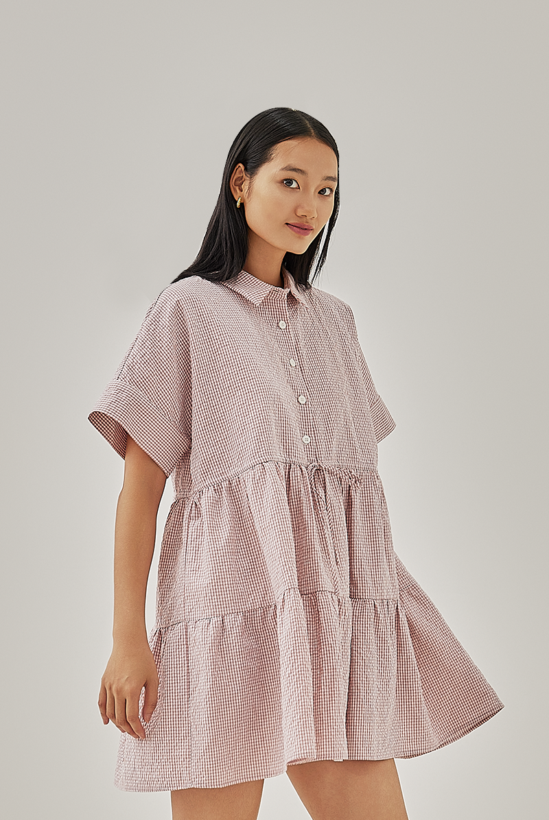 Vehena Gingham Drawstring Shirt Dress in Dusty Pink