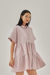 Vehena Gingham Drawstring Shirt Dress in Dusty Pink