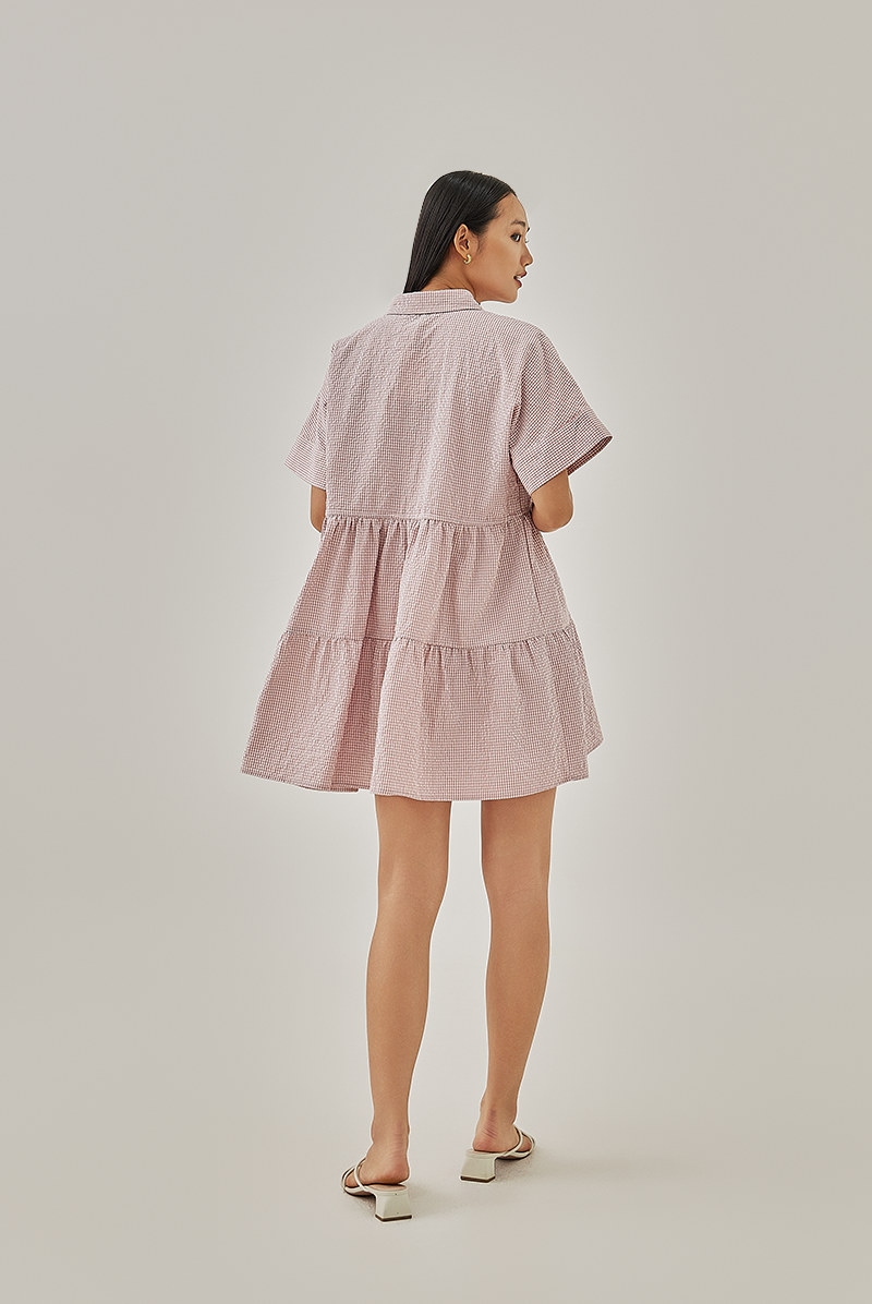 Vehena Gingham Drawstring Shirt Dress in Dusty Pink