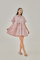 Vehena Gingham Drawstring Shirt Dress in Dusty Pink