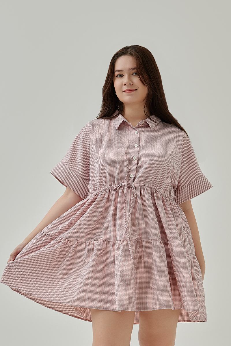 Vehena Gingham Drawstring Shirt Dress in Dusty Pink XL