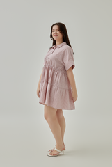 Vehena Gingham Drawstring Shirt Dress in Dusty Pink XL