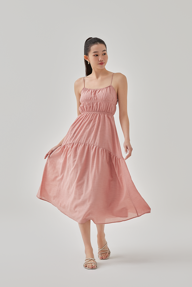 Chloe Elasticated Tiered Bodice Dress in Coral