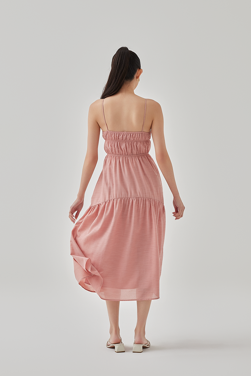 Chloe Elasticated Tiered Bodice Dress in Coral