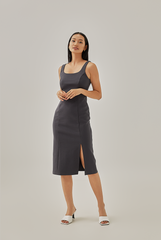 Novita Fitted Slit Dress in Charcoal