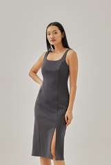 Novita Fitted Slit Dress in Charcoal